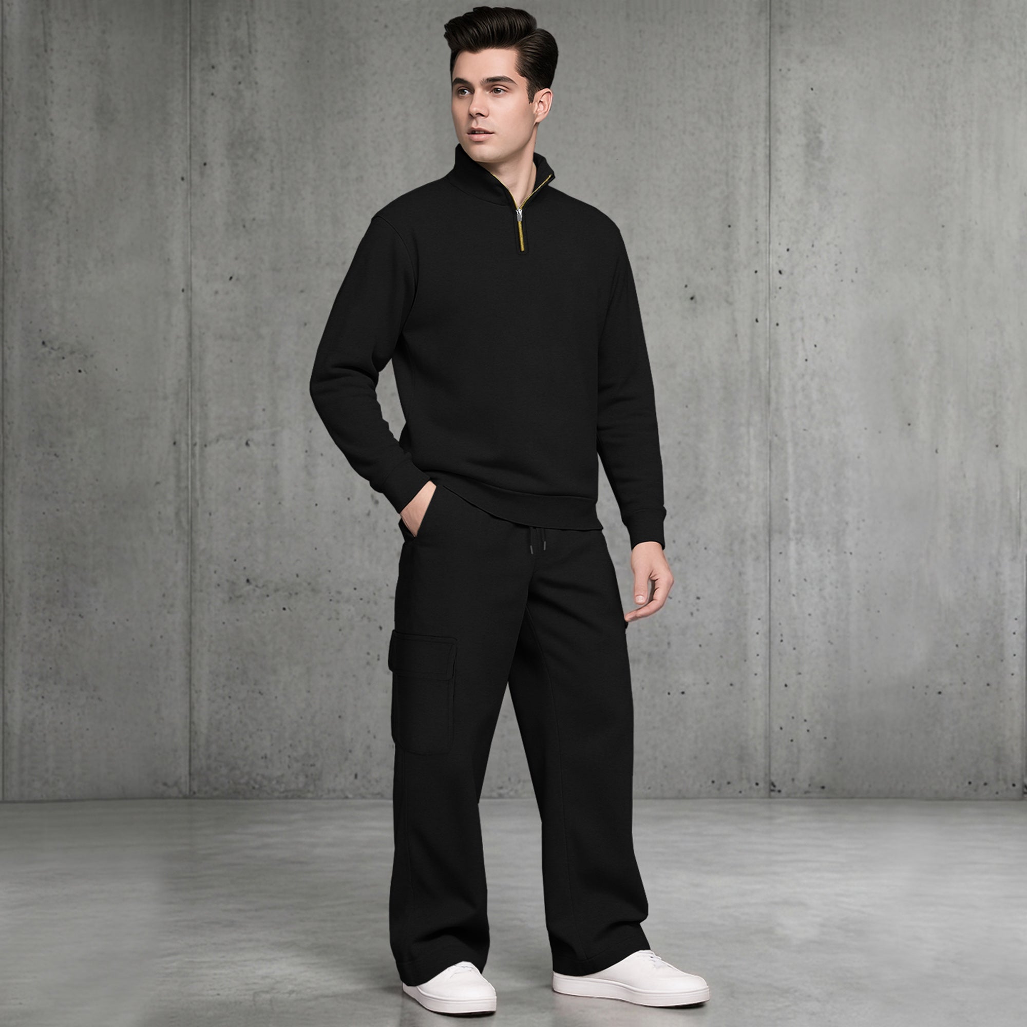 Mens Quarter-Zip High Neck Sweatshirt and Wide Leg Cargo Pant Tracksuit