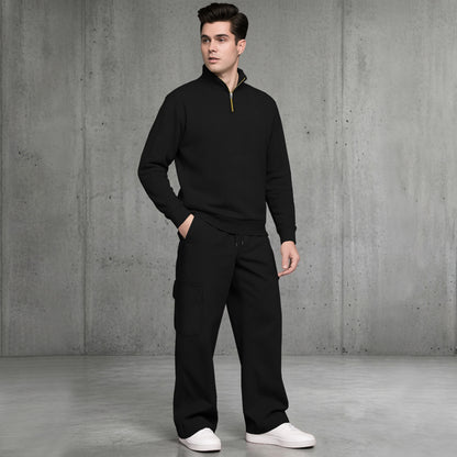 Mens Quarter-Zip High Neck Sweatshirt and Wide Leg Cargo Pant Tracksuit