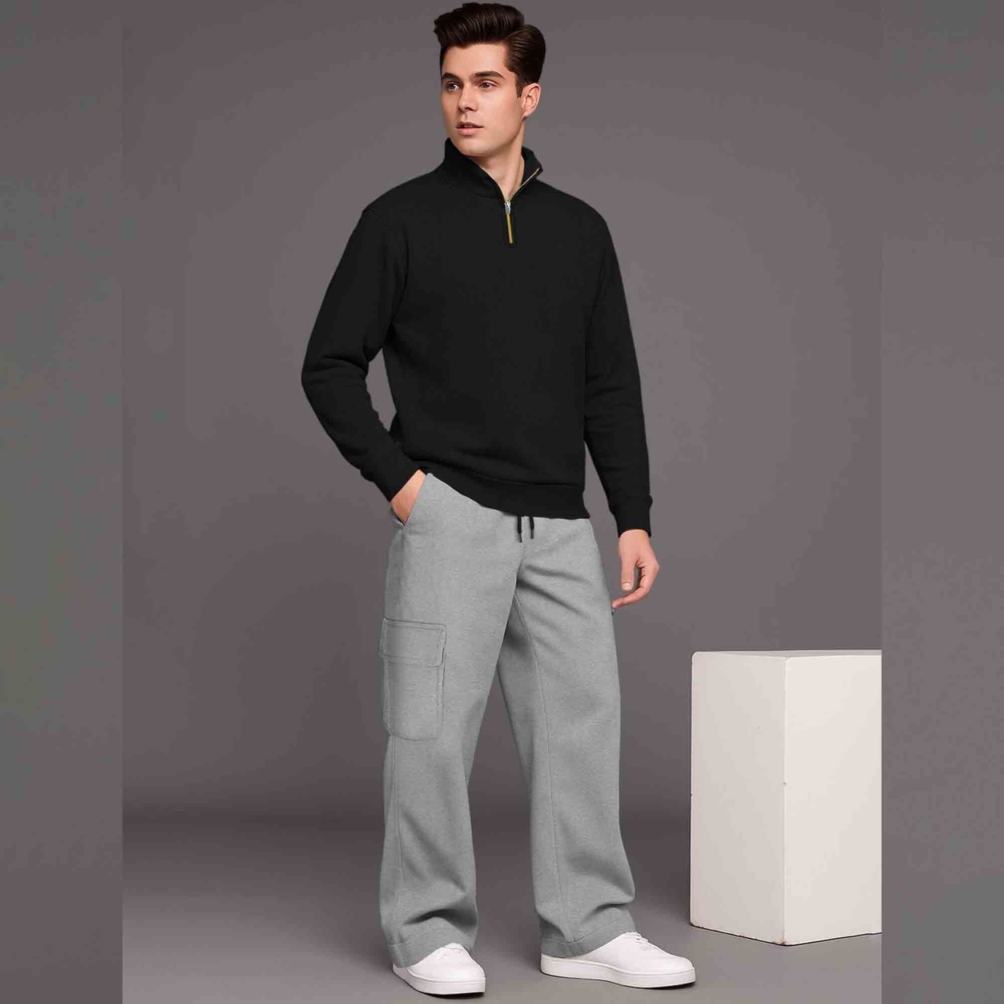 Olive Green High Neck Sweatshirt & Olivegreen Plain Baggy Cargo Tracksuit