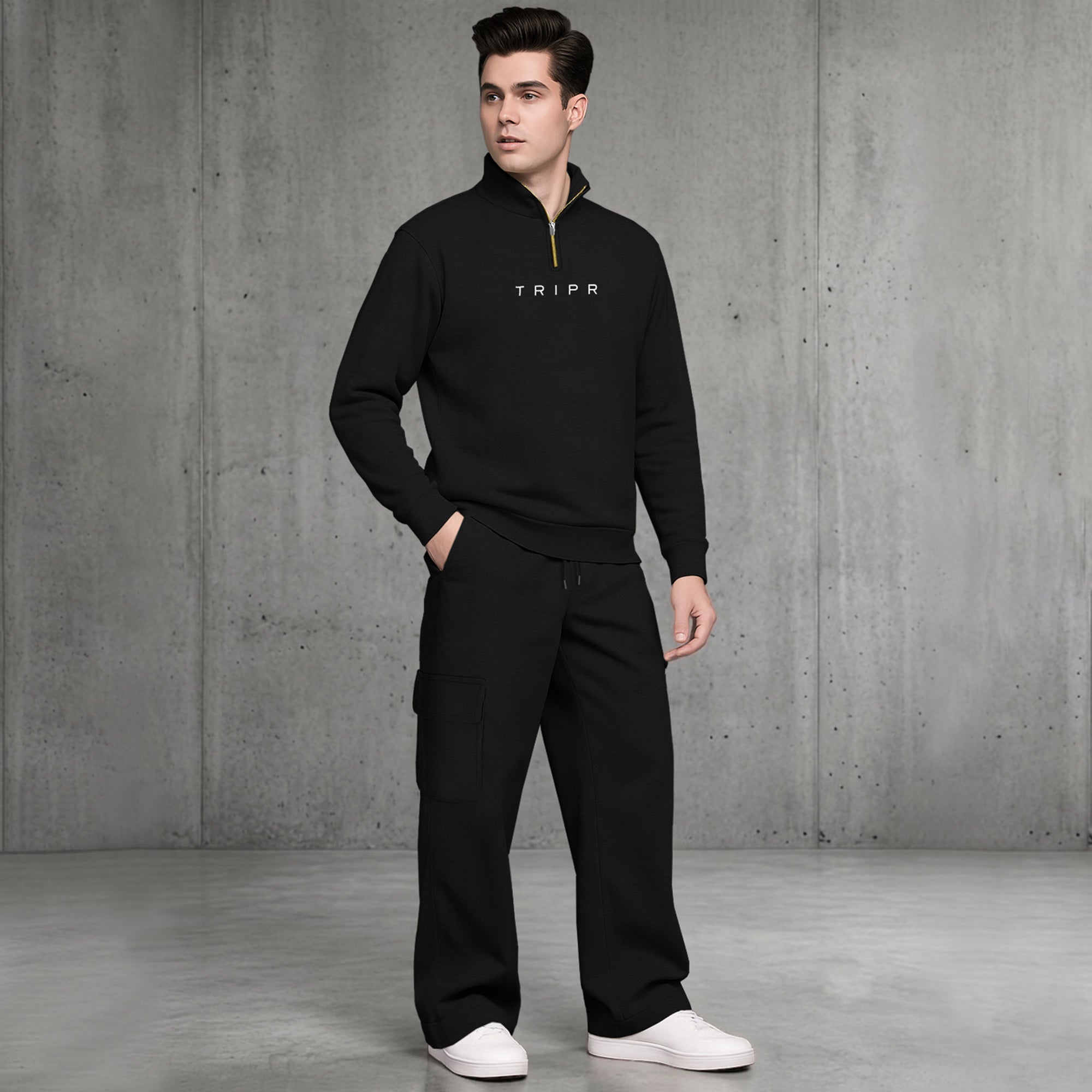 Mens Quarter-Zip High Neck Sweatshirt and Wide Leg Cargo Pant Tracksuit
