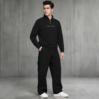 Mens Quarter-Zip High Neck Sweatshirt and Wide Leg Cargo Pant Tracksuit