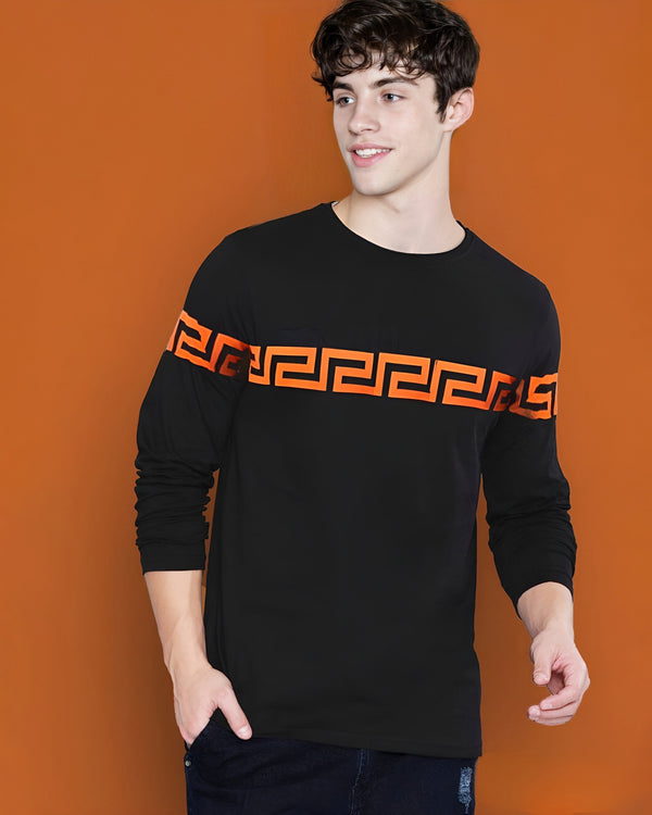 Mens Round Neck Full Sleeve Casual T-shirt / Black