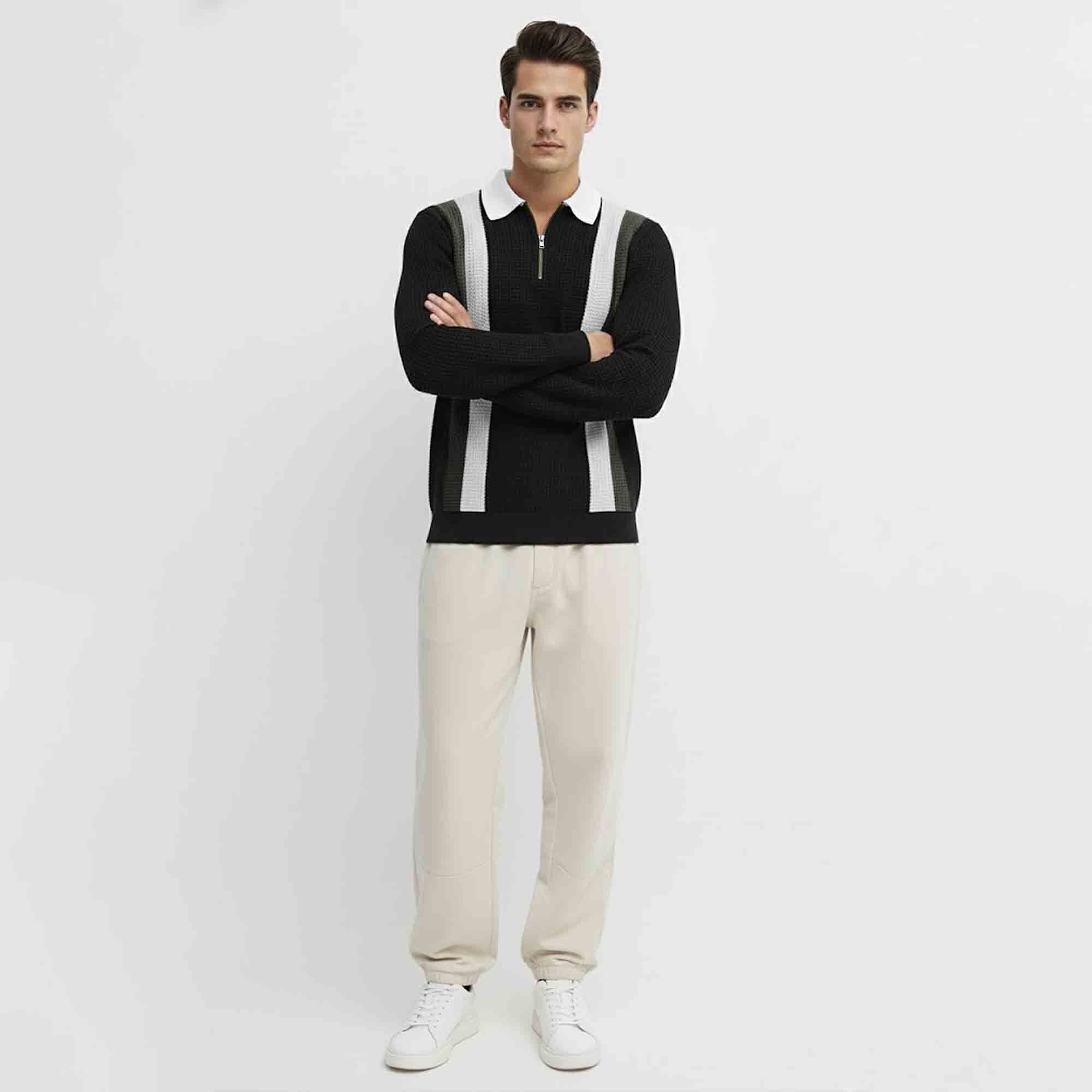 Men Colorblock Polo Neck Full Sleeve T-Shirt Black