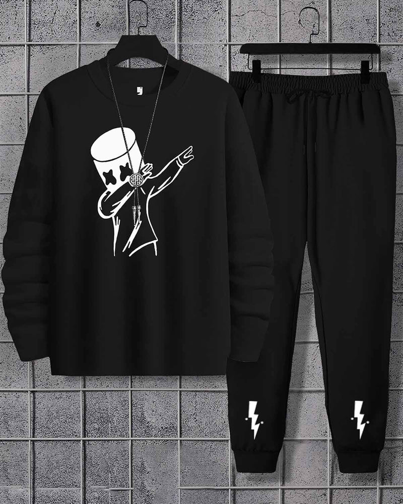 Black Marshmellow Printed Full Sleeve T-shirt & Black Jogger Pant Tracksuit