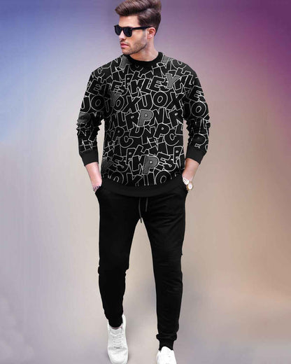 Tracksuit All Over Printed Full Sleeve T-shirt Black with Plain Grey Trackpant