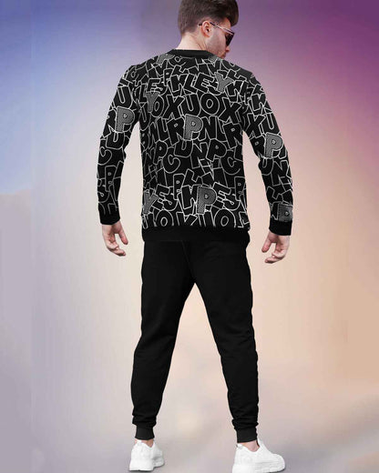 Tracksuit All Over Printed Full Sleeve T-shirt Black with Plain Grey Trackpant