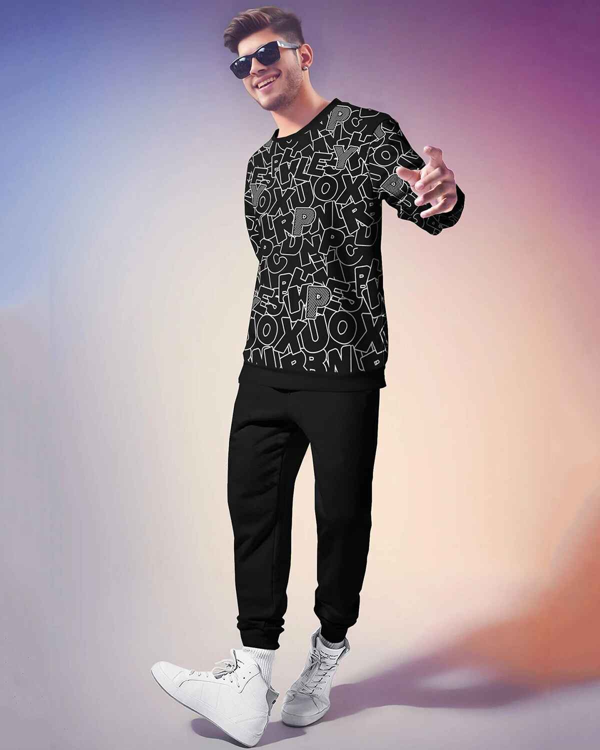 Tracksuit All Over Printed Full Sleeve T-shirt Black with Plain Grey Trackpant