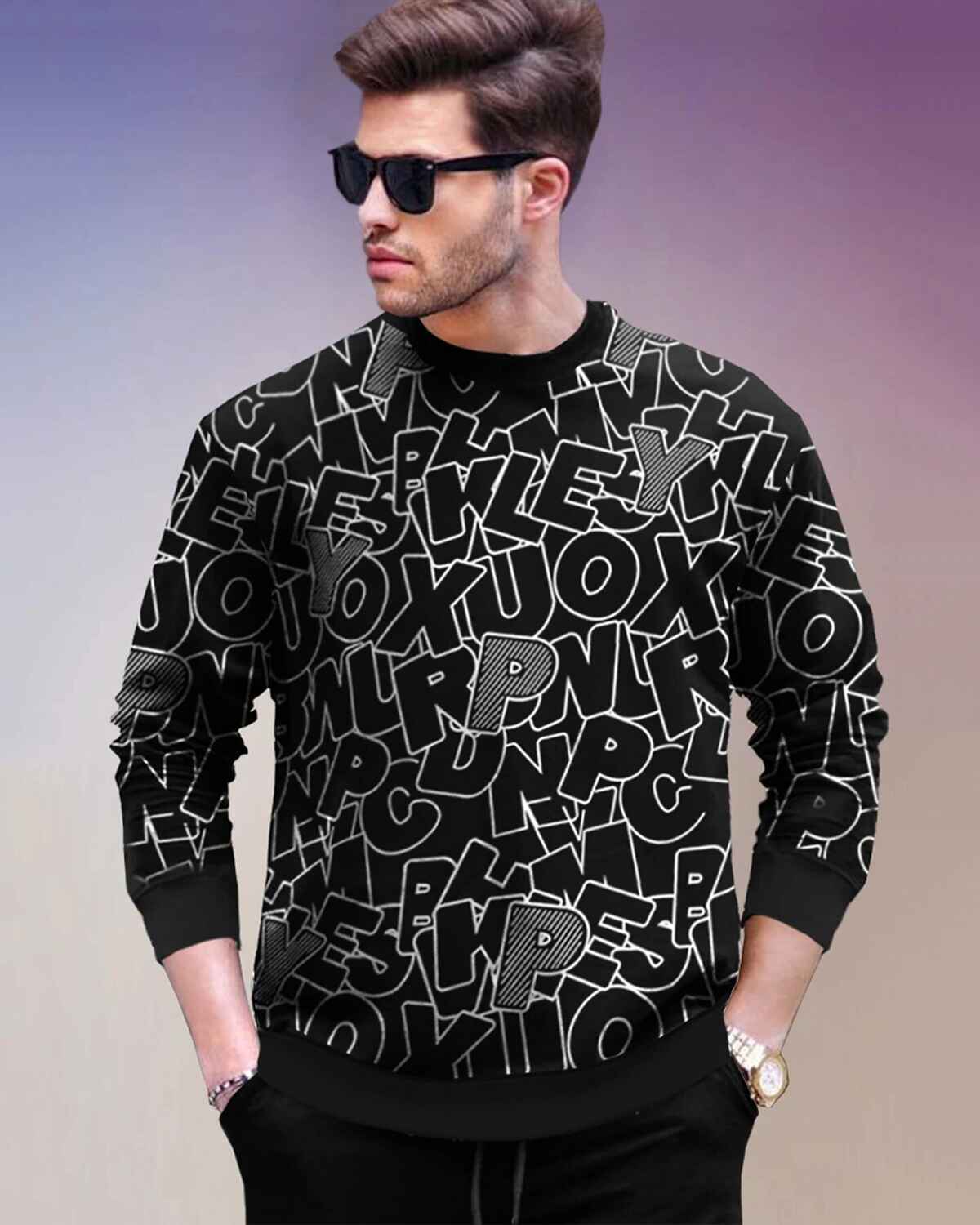 Tracksuit All Over Printed Full Sleeve T-shirt Black with Plain Grey Trackpant