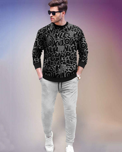 Tracksuit All Over Printed Full Sleeve T-shirt Black with Plain Grey Trackpant