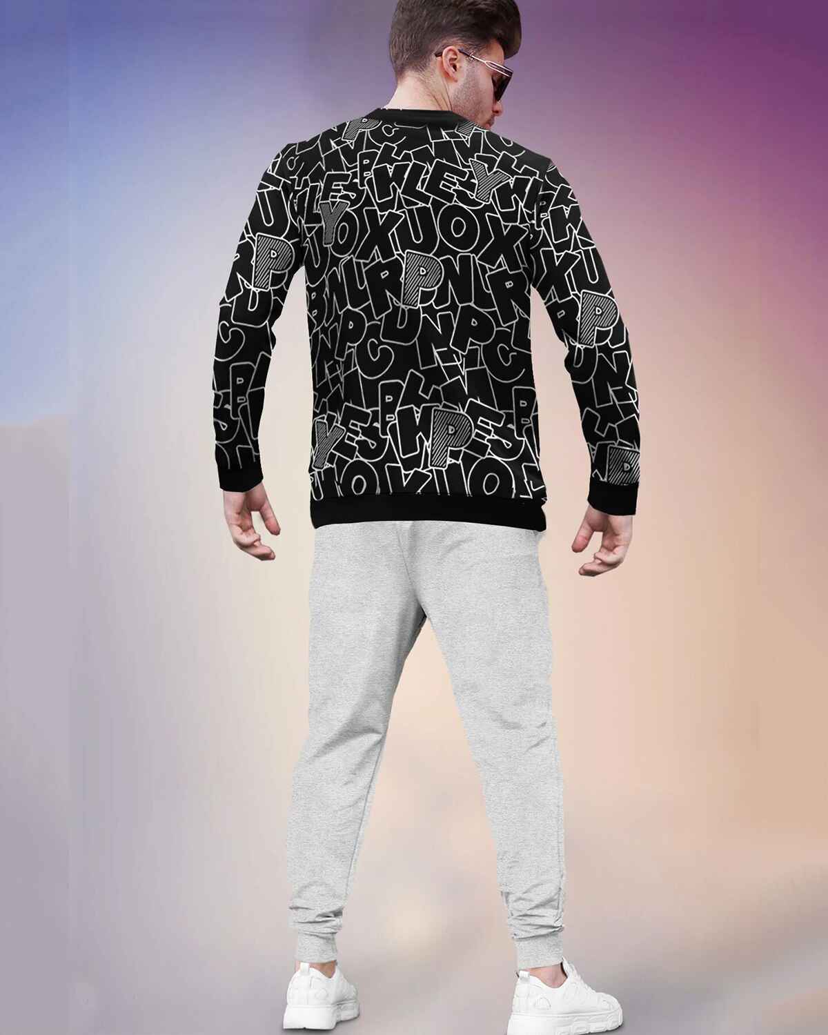 Tracksuit All Over Printed Full Sleeve T-shirt Black with Plain Grey Trackpant