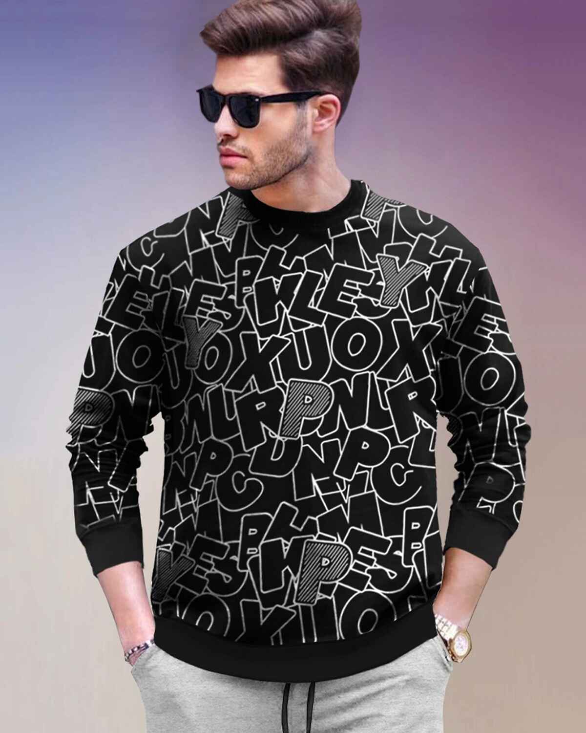 Tracksuit All Over Printed Full Sleeve T-shirt Black with Plain Grey Trackpant