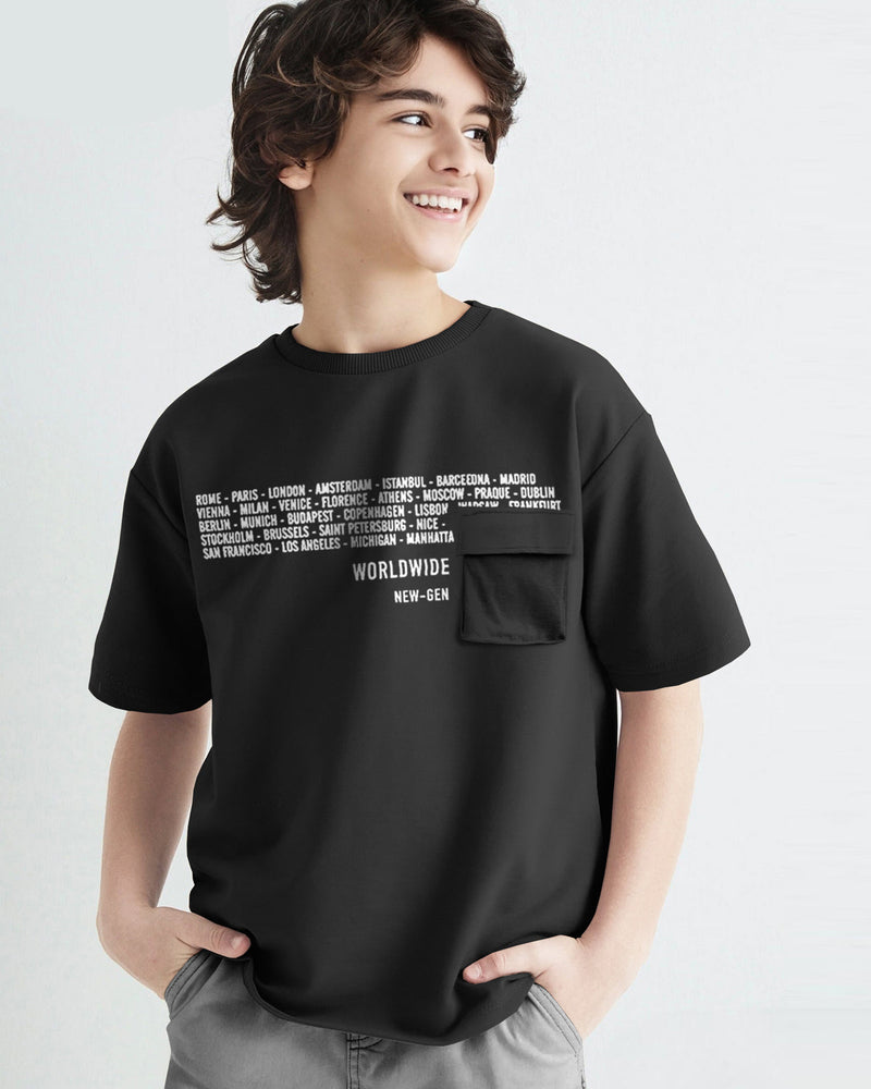 Boys Flap Pocket Black Typography Round Neck Half Sleeve T-Shirt