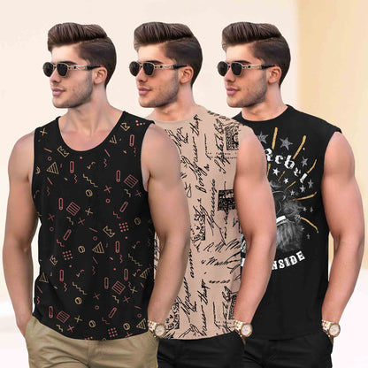 Pack Of 3 Round Neck Printed Sleeveless Vest Black & Beige