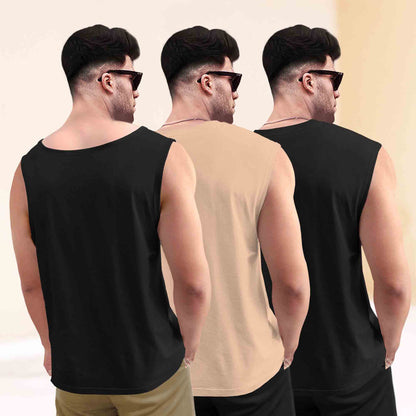 Pack Of 3 Round Neck Printed Sleeveless Vest Black & Beige
