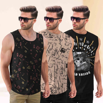 Pack Of 3 Round Neck Printed Sleeveless Vest Black & Beige