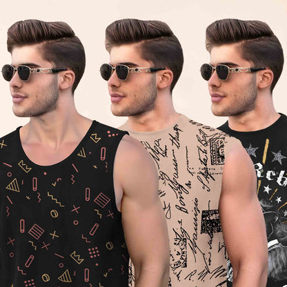 Pack Of 3 Round Neck Printed Sleeveless Vest Black & Beige