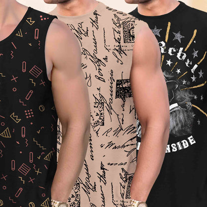 Pack Of 3 Round Neck Printed Sleeveless Vest Black & Beige
