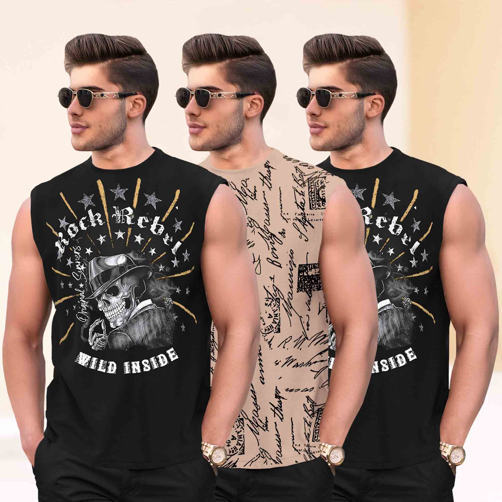 Pack Of 3 Black & Beige Round Neck Printed Sleeveless Vest Combo