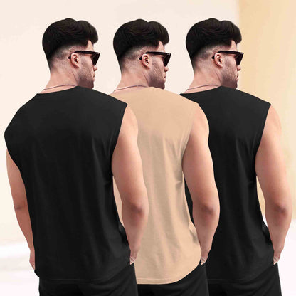 Pack Of 3 Black & Beige Round Neck Printed Sleeveless Vest Combo