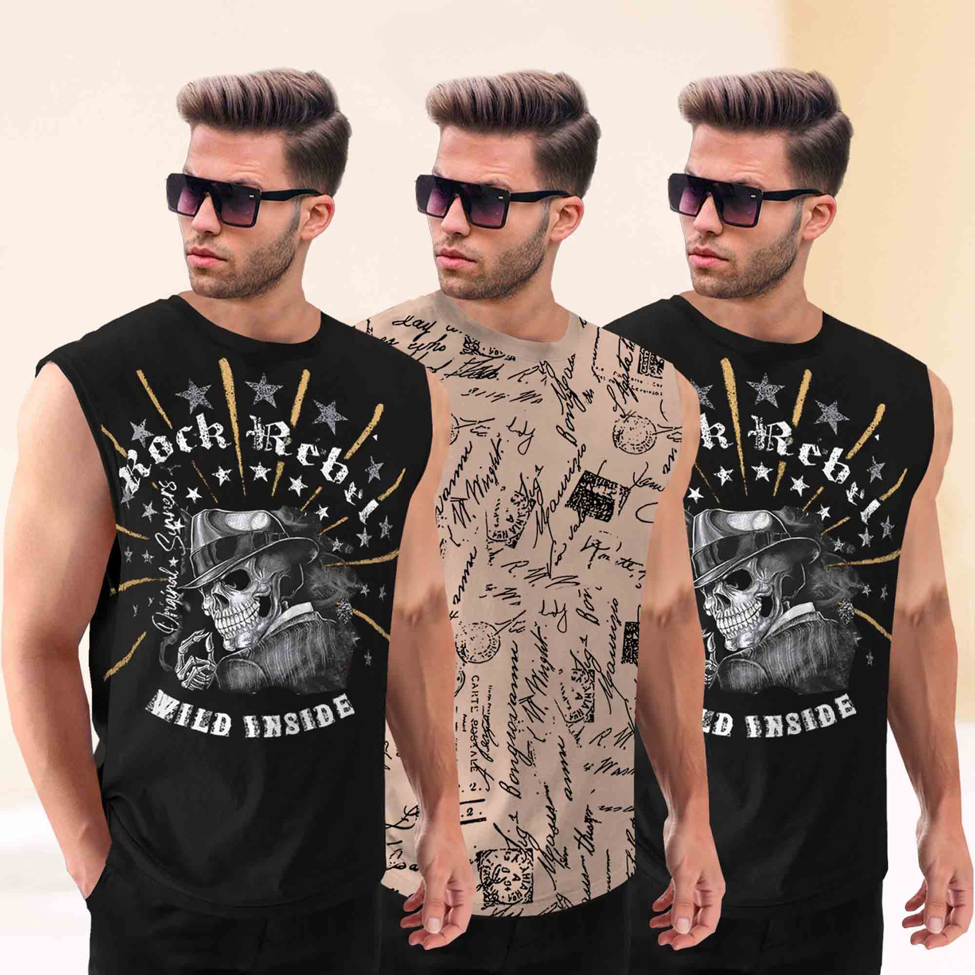 Pack Of 3 Black & Beige Round Neck Printed Sleeveless Vest Combo