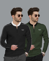 Mens Henely Neck Full Sleeve T-shirts (Pack Of 2) / Black & Olivegreen