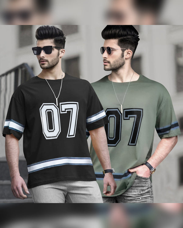 (Pack of 2) 07 Printed Oversized Combo T-Shirts | Olivegreen & Black