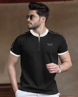 Men Mandarin Collar Black-White Contrast zipper T-Shirt