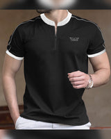 Men Mandarin Collar Black-White Contrast zipper T-Shirt