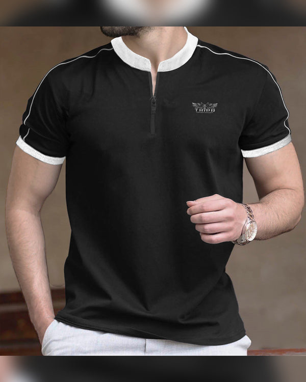 men Black-White contrast zip neck T-Shirt