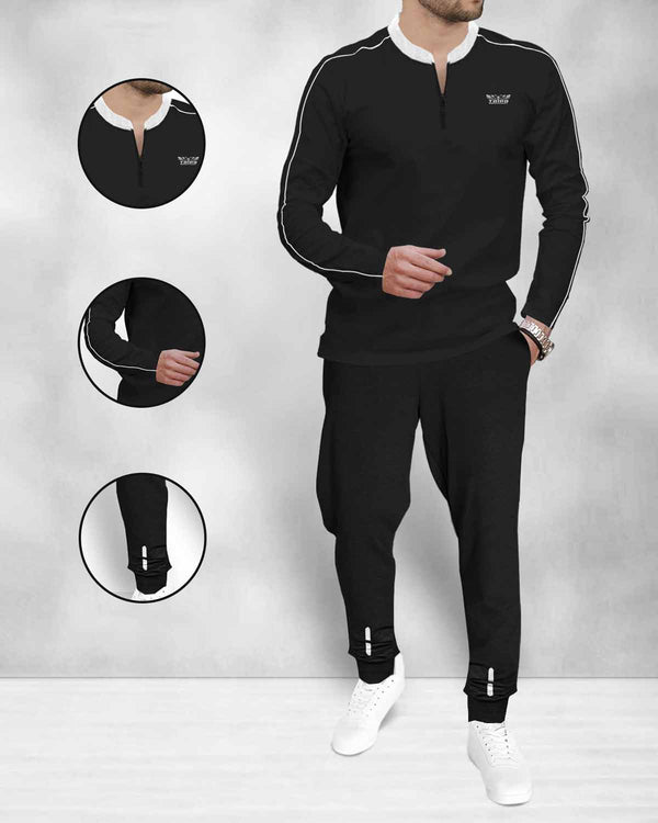 Men Tracksuit - Full Sleeve Black Henley Neck T-shirt with Black Jogger Pant