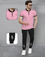 mens tracksuit - Henley Neck Half Sleeve Pink T-shirt & Black Jogger