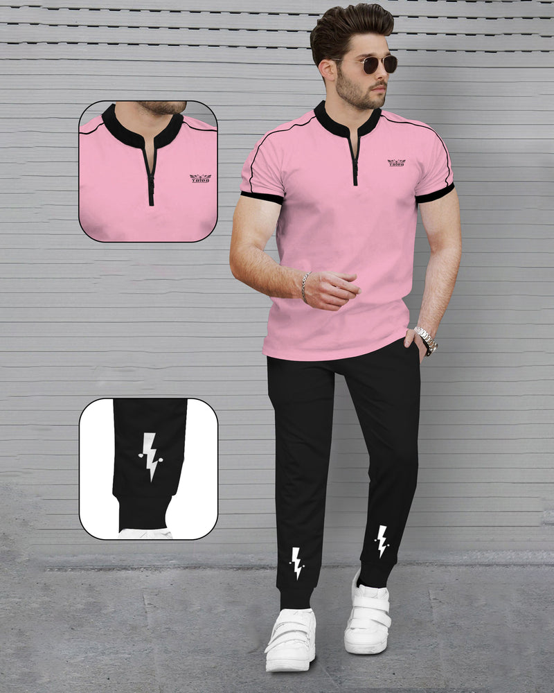 mens tracksuit - Henley Neck Half Sleeve Pink T-shirt & Black Jogger