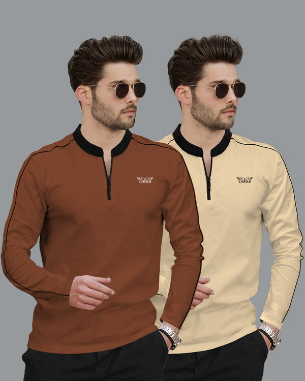 Mens Henely Neck Full Sleeve T-shirts (Pack Of 2) / Brown & Beige