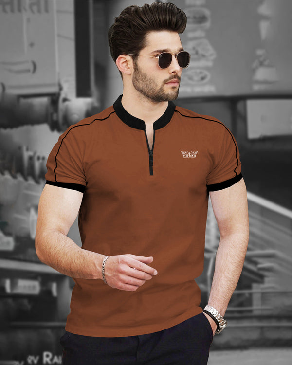 Men Mandarin Collar Brown-Black Contrast Zipper Half Sleeve T-shirt