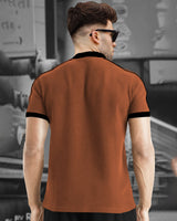 Men Mandarin Collar Brown-Black Contrast Zipper Half Sleeve T-shirt