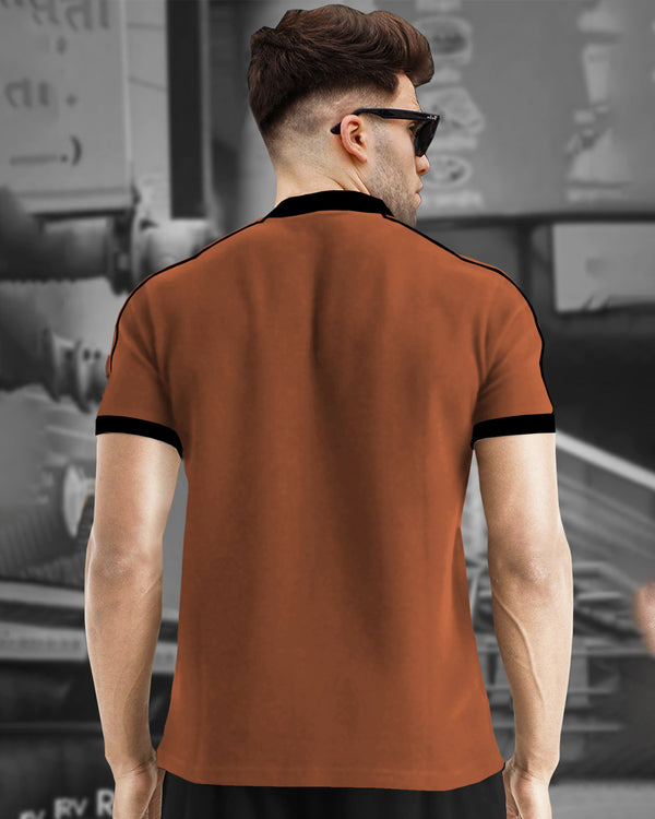 Men Brown Black Contrast Zip Neck Half Sleeve T-shirt