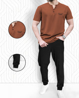 (Brown & Black - Tracksuit)- Half Sleeve Henley Neck T-shirt with Black Jogger Pant