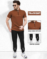 Men Tracksuit Set | Brown Zip Neck T-shirt & Black Jogger