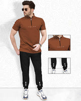 Men Tracksuit Set | Brown Zip Neck T-shirt & Black Jogger