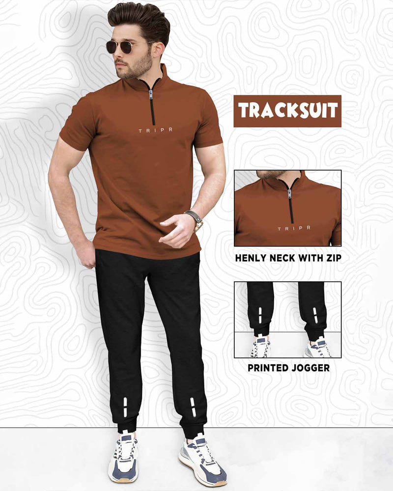 Men Tracksuit Set | Brown Zip Neck T-shirt & Black Jogger