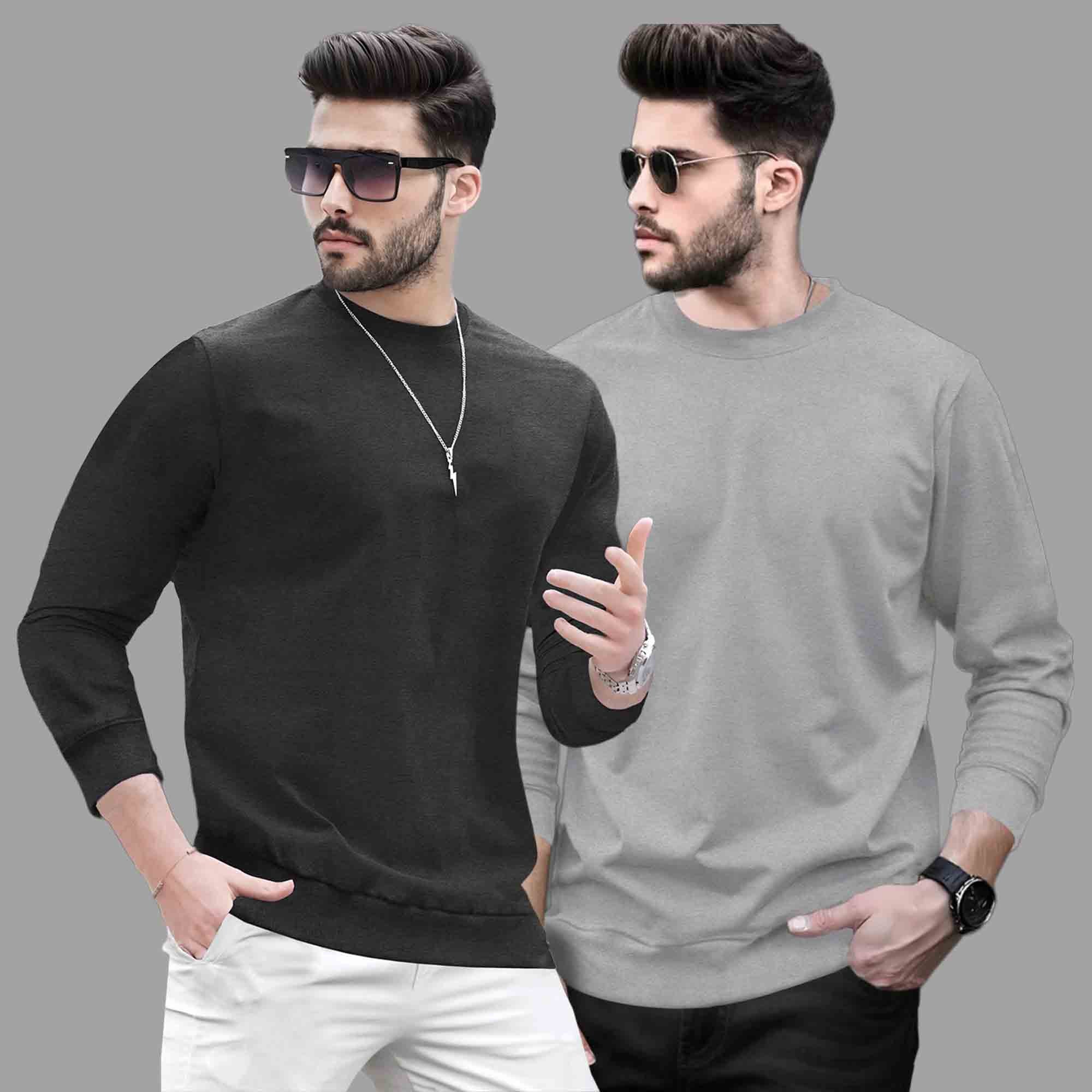 Pack Of 2 - Men Round Neck Full Sleeve Plain T-shirts - 12 Variants