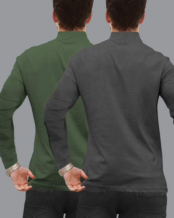 Mens High Neck Full Sleeve T-shirts (Pack Of 2) / Dark Grey & Olivegreen