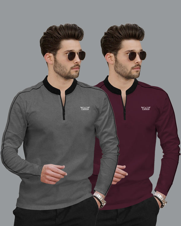 Mens Henely Neck Full Sleeve T-shirts (Pack Of 2) / Dark Grey & Maroon