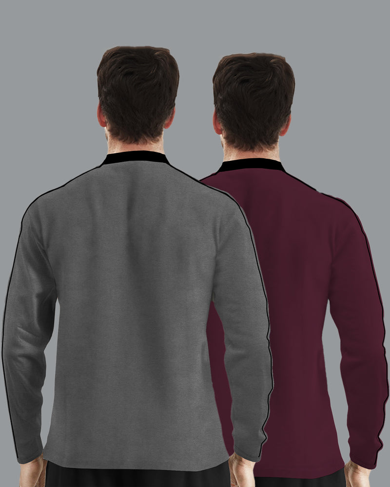 Mens Henely Neck Full Sleeve T-shirts (Pack Of 2) / Dark Grey & Maroon