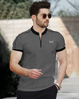 men grey-black contrast Zipper neck T-Shirt