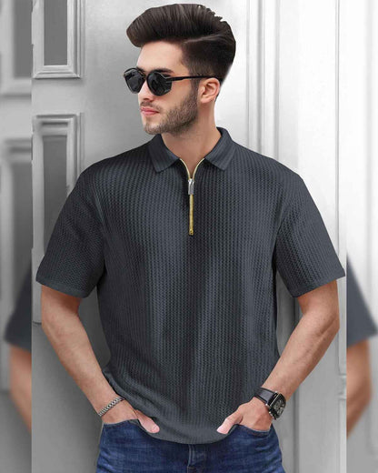 Mens Textured Half Sleeve Zipper Darkgrey Polo Fit Waffle T-shirt