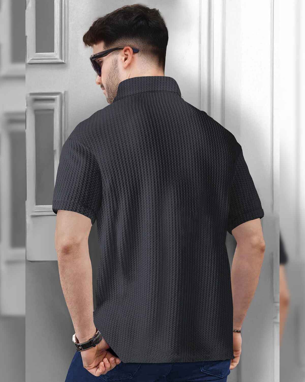 Mens Textured Half Sleeve Zipper Darkgrey Polo Fit Waffle T-shirt
