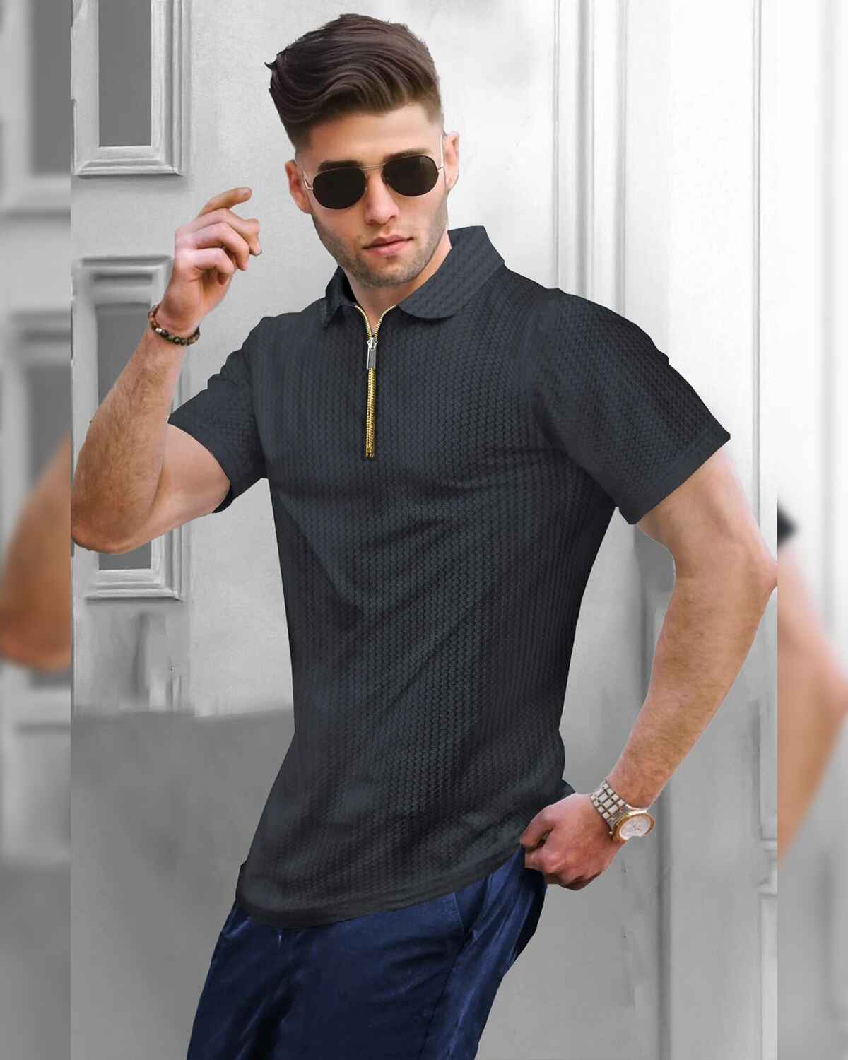 Mens Textured Half Sleeve Zipper Darkgrey Polo Fit Waffle T-shirt
