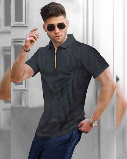Mens Textured Half Sleeve Zipper Darkgrey Polo Fit Waffle T-shirt