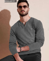 Men Solid V Neck Cotton Blend Dark Grey T-Shirt